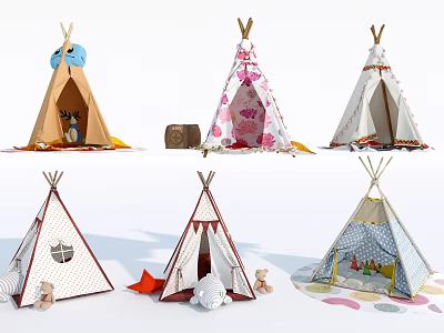 Colorful Kids Tents With Various Designs Floral Patterns Bowknot And Small Toys 3d model
