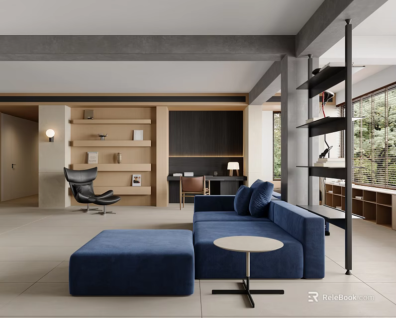 Modern Living Room Interior Design With Blue Sofa Ottoman Small Round Table And Bookshelves 3d model 