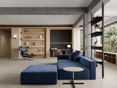 Modern Living Room Interior Design With Blue Sofa Ottoman Small Round Table And Bookshelves 3d model