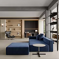 Modern Living Room Interior Design With Blue Sofa Ottoman Small Round Table And Bookshelves