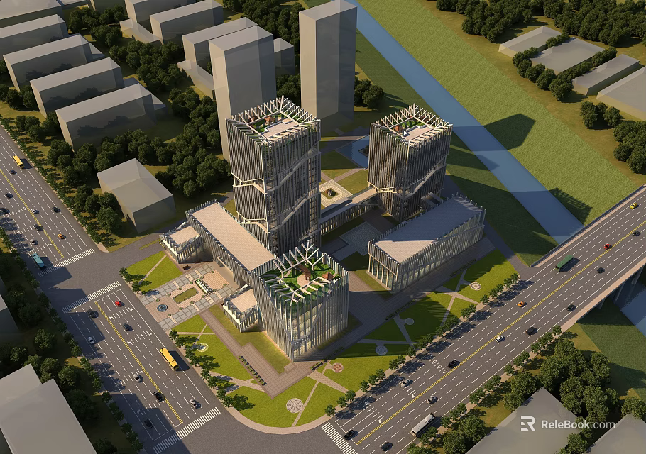 Modern High Rise Office Building With Glass Facade Green Roof And Surrounding Trees Roads 3d model 
