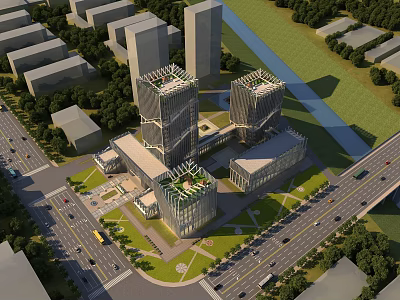 Modern High Rise Office Building With Glass Facade Green Roof And Surrounding Trees Roads 3d model