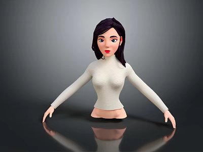 3D Rendered Female Game Movie Character With Black Hair White Turtleneck Gray Background And Reflection 3d model