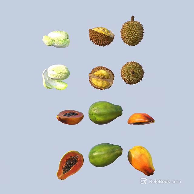 Still Life Display of Fresh Durian and Ripe Papaya Tropical Fruits 3d model 
