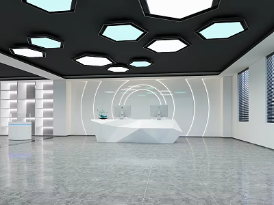 Modern Reception Area With Geometric Ceiling Lights And White Counter Desk 3d model