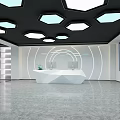 Modern Reception Area With Geometric Ceiling Lights And White Counter Desk 3d model
