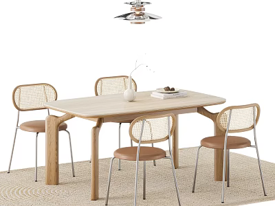 Light Wood Table and Chairs Set with Rattan Backrest Brown Seat Cushions on Rug 3d model