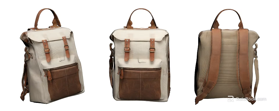 Canvas And Leather Backpack Design With White Brown Color Handle Shoulder Straps And Pockets 3d model 