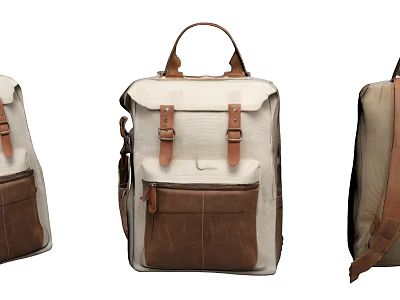 Canvas And Leather Backpack Design With White Brown Color Handle Shoulder Straps And Pockets 3d model