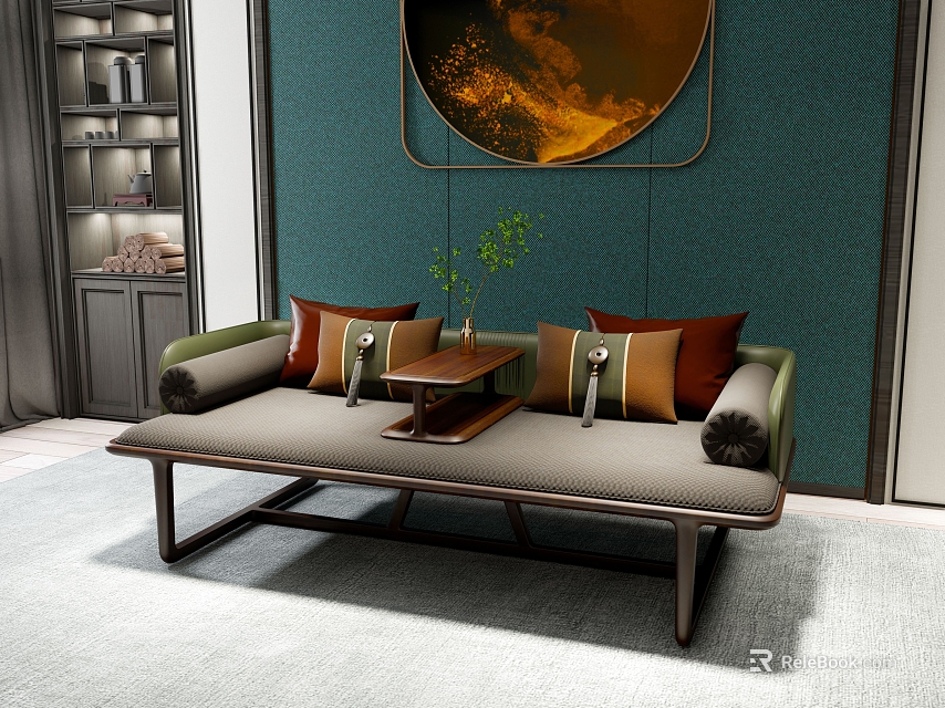 Chinese Style Daybed With Wooden Frame Green Wall Circular Painting And Cushions 3d model 