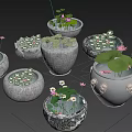Garden Ornaments With Water Lilies Small Fish And Decorative Stone Containers