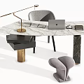 Modern Marble Office Desk With Gold Accent Lamp Laptop And Gray Chair