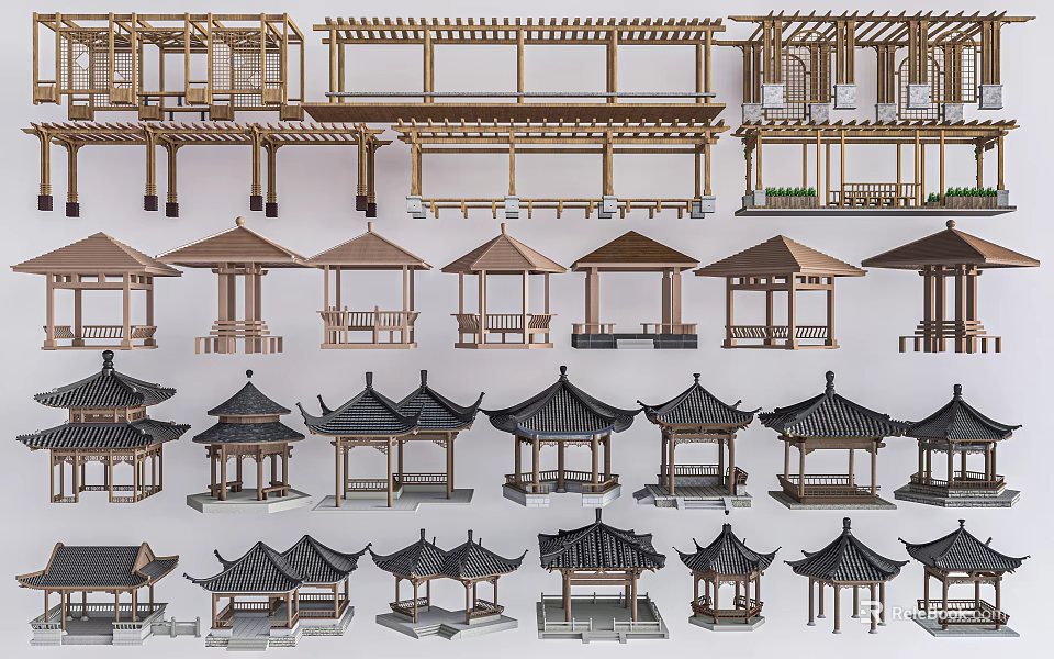 Traditional Wooden Pavilion and Gazebo Models with Various Roof Designs and Structures 3d model 