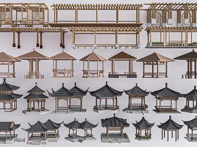 Traditional Wooden Pavilion and Gazebo Models with Various Roof Designs and Structures 3d model