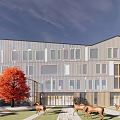 Modern Kindergarten Building with Glass Metal Facade Pink Cartoon Elements Outdoor Courtyard Red Tree Seating