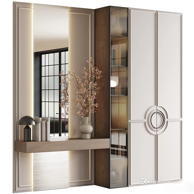 Modern Entryway Side Cabinet With White Wood Shelf Mirror Vase And Lighting Design 3d model 