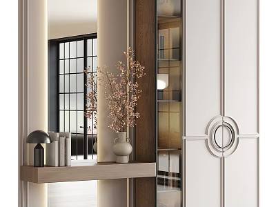 Modern Entryway Side Cabinet With White Wood Shelf Mirror Vase And Lighting Design 3d model