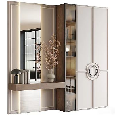 Modern Entryway Side Cabinet With White Wood Shelf Mirror Vase And Lighting Design 3d model