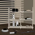 White Wooden Shelf with Skincare Products Deer Figurine and Boxes on Wooden Tabletop