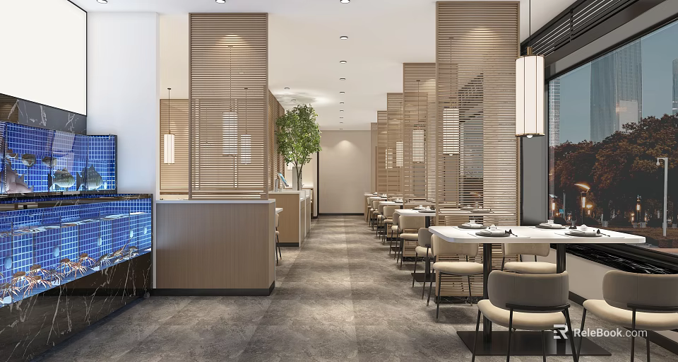 Modern Restaurant Interior With Wooden Partitions Tables Chairs Bar Counter Fish Tank And Green Plant 3d model 
