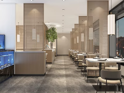 Modern Restaurant Interior With Wooden Partitions Tables Chairs Bar Counter Fish Tank And Green Plant 3d model