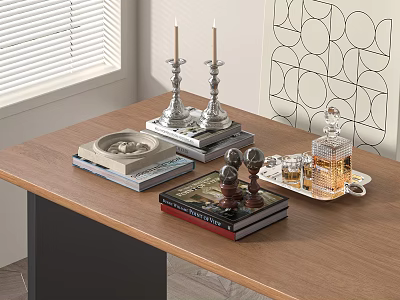 Decorative Ornament Set With Silver Candle Holders Tray Glass Bottle Stacked Books On Wooden Table 3d model