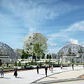 Modern Sales Office Building With Landscaped Greenery Open Plaza And Pedestrian Activity Areas