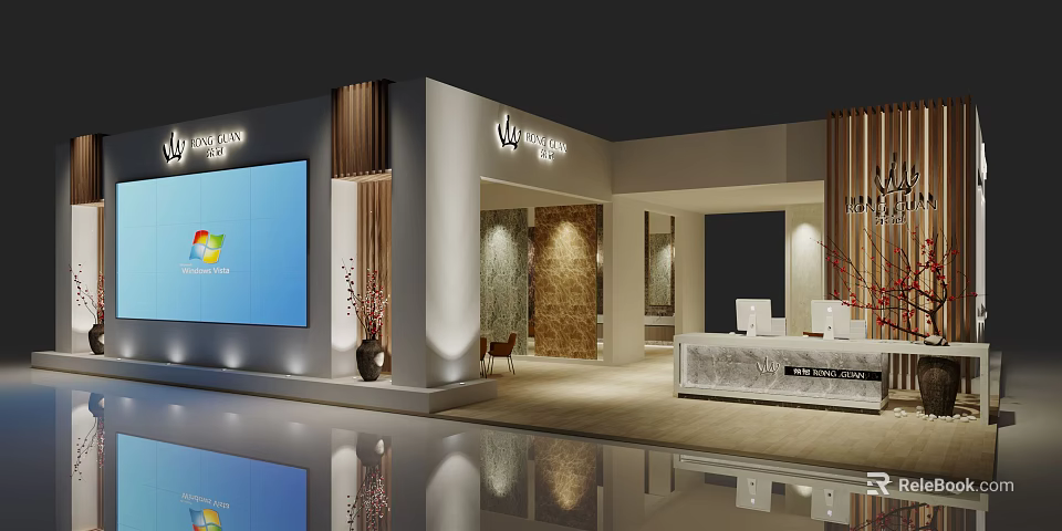 Modern Exhibition Booth Design With Large Screen Wooden Decorations And Reception Desk 3d model 