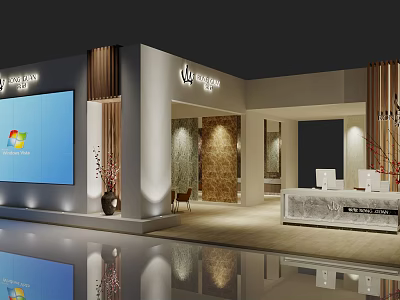 Modern Exhibition Booth Design With Large Screen Wooden Decorations And Reception Desk 3d model