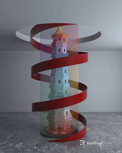 Modern Spiral Column With Red Ribbons And Tower Like Structure In Interior Space With Marble Floor 3d model