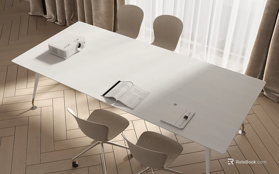 White Minimalist Desk Featuring Projector Open Notebook Notepad And Gray Chairs On Herringbone Floor 3d model 
