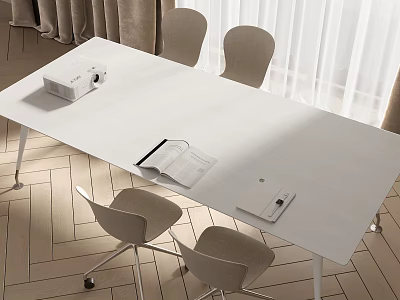 White Minimalist Desk Featuring Projector Open Notebook Notepad And Gray Chairs On Herringbone Floor 3d model