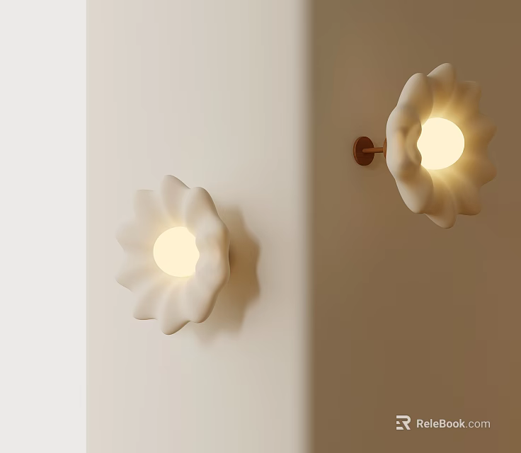 Modern Flower Shaped Wall Lights With White Shade And Brass Base Illuminating Beige Wall 3d model 