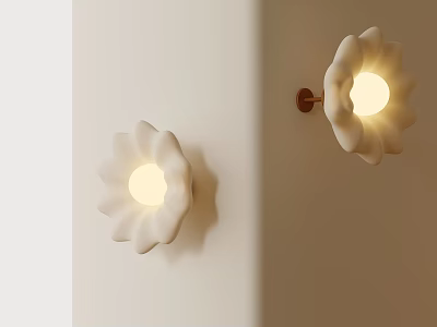 Modern Flower Shaped Wall Lights With White Shade And Brass Base Illuminating Beige Wall 3d model