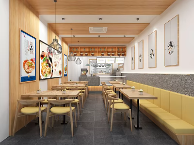 Bright Restaurant Interior With Wooden Elements Open Kitchen Counter And Yellow Booth Seating 3d model