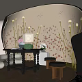 Stylish Flower Stand In Room With Arched Patterned Wall Flower Shaped Lamps Sofa And Stools
