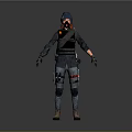 Game Movie Character With Blue Beanie Gas Mask Tactical Vest Jeans And Brown Boots