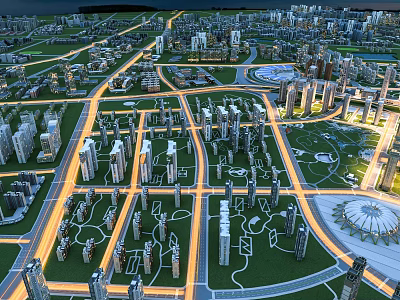 Aerial View Of Modern City With High Rise Buildings Roads And Green Spaces 3d model