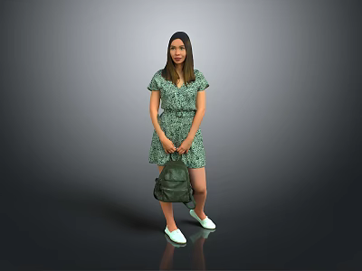 A Woman In Green Floral Dress Holding Green Bag With White Shoes Against Gray Background 3d model