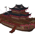 Ancient Architecture Themed Boat With Multi tiered Structure Red Decorations And Curved Eaves 3d model