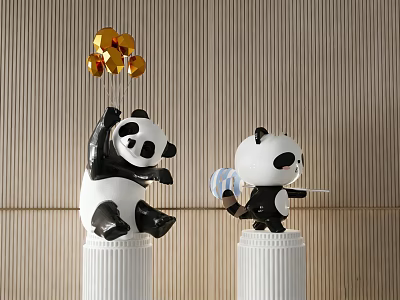 Panda Landscape Sculptures on White Pillars Featuring Gold Decorations and Blue Object on Wooden Wall 3d model