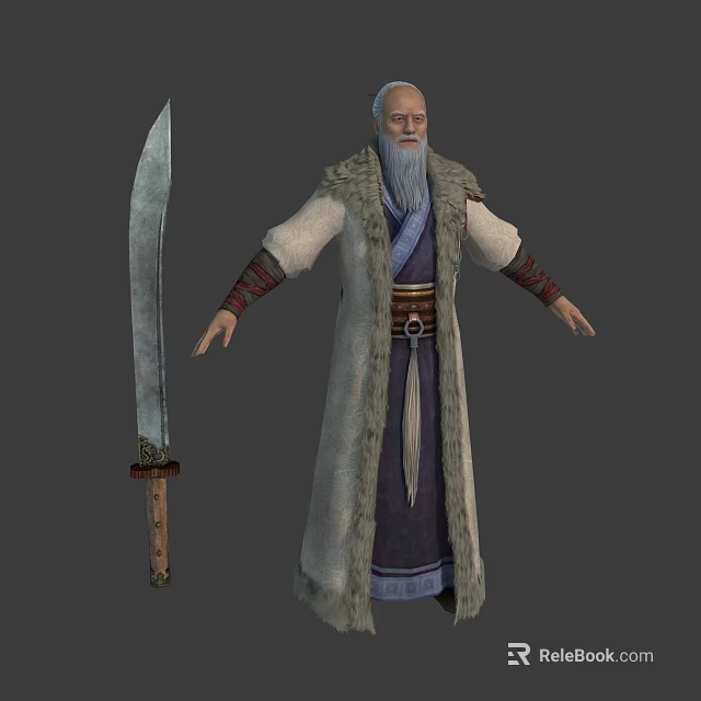 Elderly Bearded Man In Woolen Robe With Large Sword Fantasy Character Design 3d model 