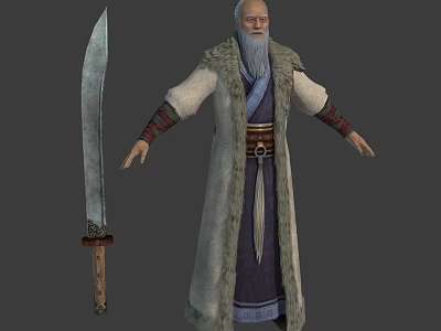 Elderly Bearded Man In Woolen Robe With Large Sword Fantasy Character Design 3d model