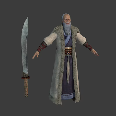 Elderly Bearded Man In Woolen Robe With Large Sword Fantasy Character Design 3d model