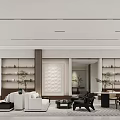 Modern Sales Office Interior With Spacious Design Hanging Chandelier And Decorative Painting