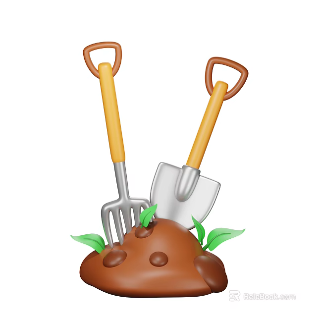 Decorative Ornament Set With Garden Fork Shovel Brown Handles And Green Leaves On Soil Mound 3d model 
