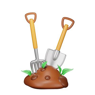 Decorative Ornament Set With Garden Fork Shovel Brown Handles And Green Leaves On Soil Mound 3d model