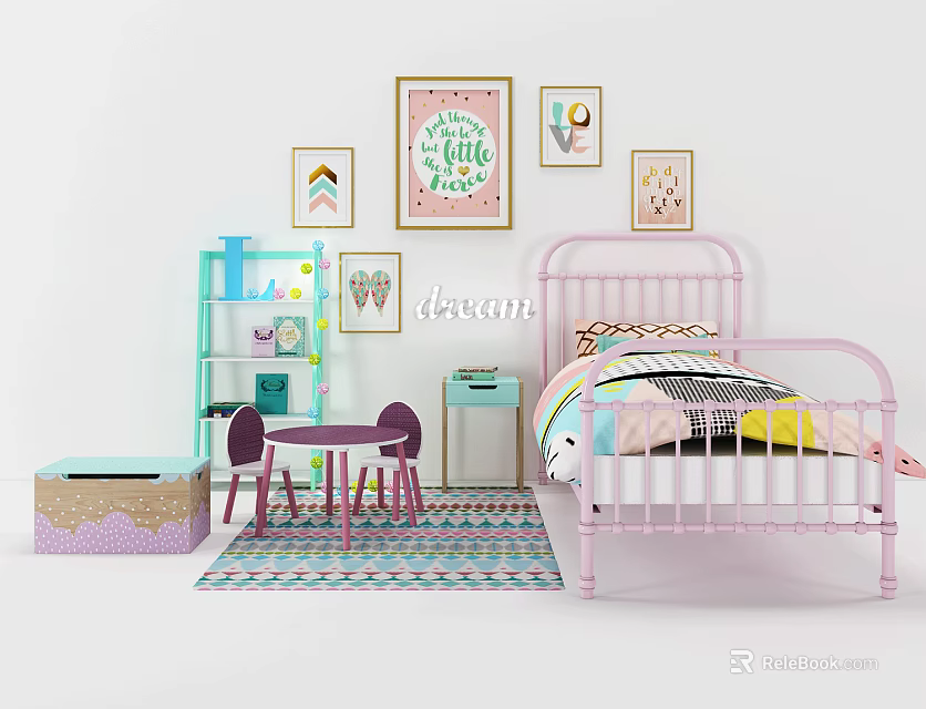 Colorful Kids Bedroom with Pink Bed Bedding Wall Art Purple Table and Chairs 3d model 