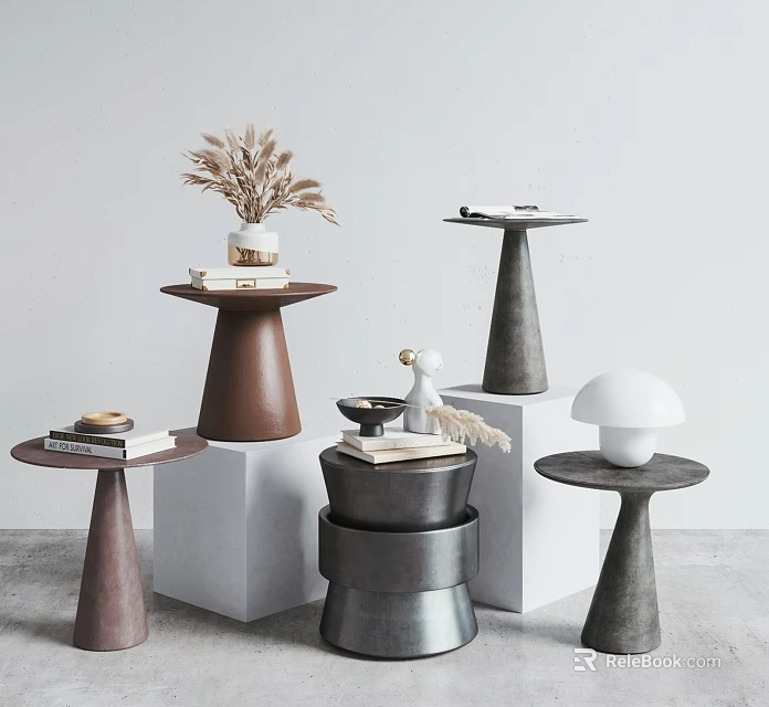 Modern Side Tables With Various Designs Brown Gray White And Decorative Items 3d model