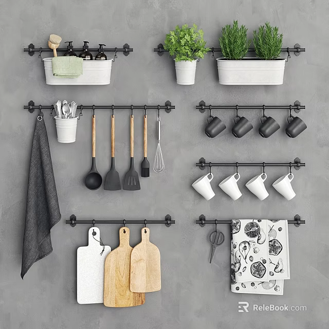 Kitchen Decorative Ornament Combination With Hanging Rods Utensils Mugs Cutting Boards Towels And Potted Plants 3d model 